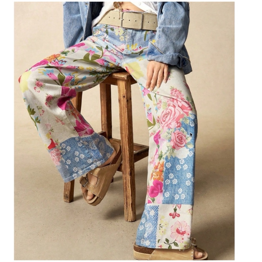 Bohemian Floral Wide Leg Denim Jeans S M L XL